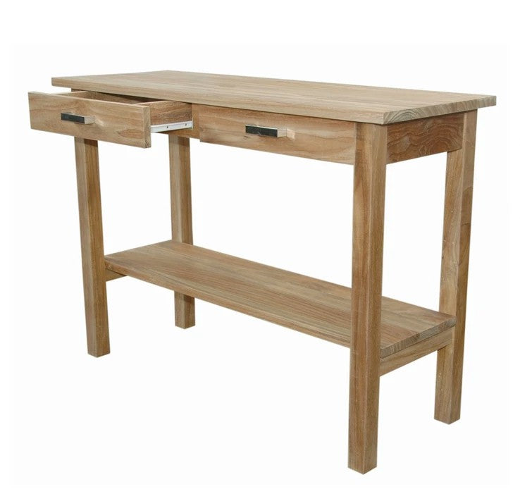 Wooden table with two drawers on a white background
