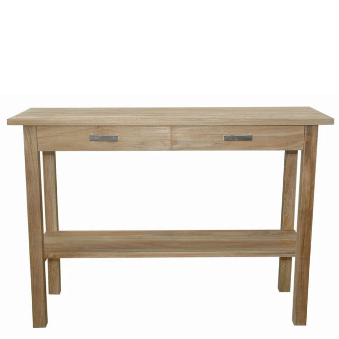 Wooden console table with two drawers on a white background