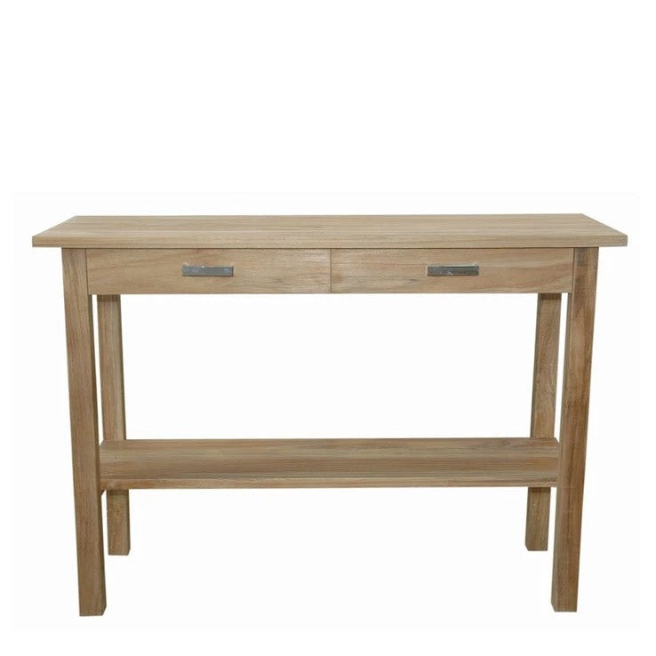 Wooden console table with two drawers on a white background