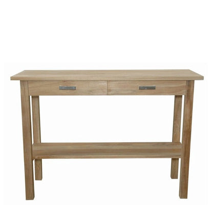 Wooden console table with two drawers on a white background