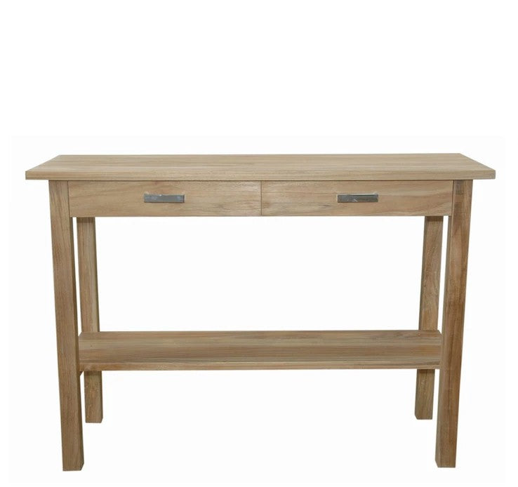 Wooden console table with two drawers on a white background