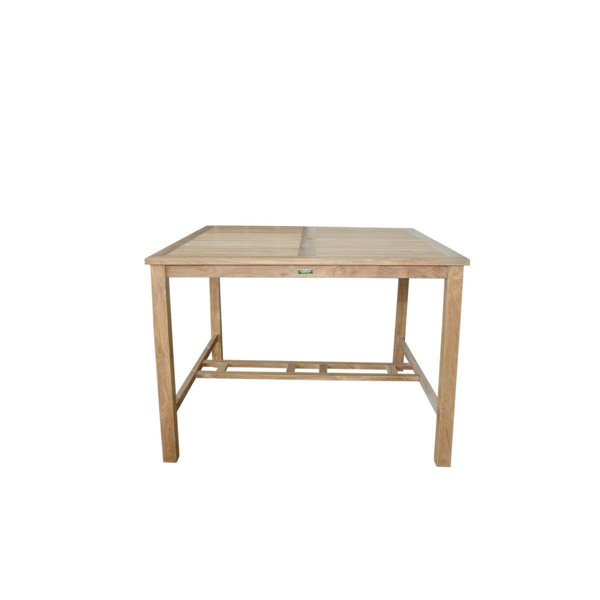 Wooden table with a visible brand logo on a white background