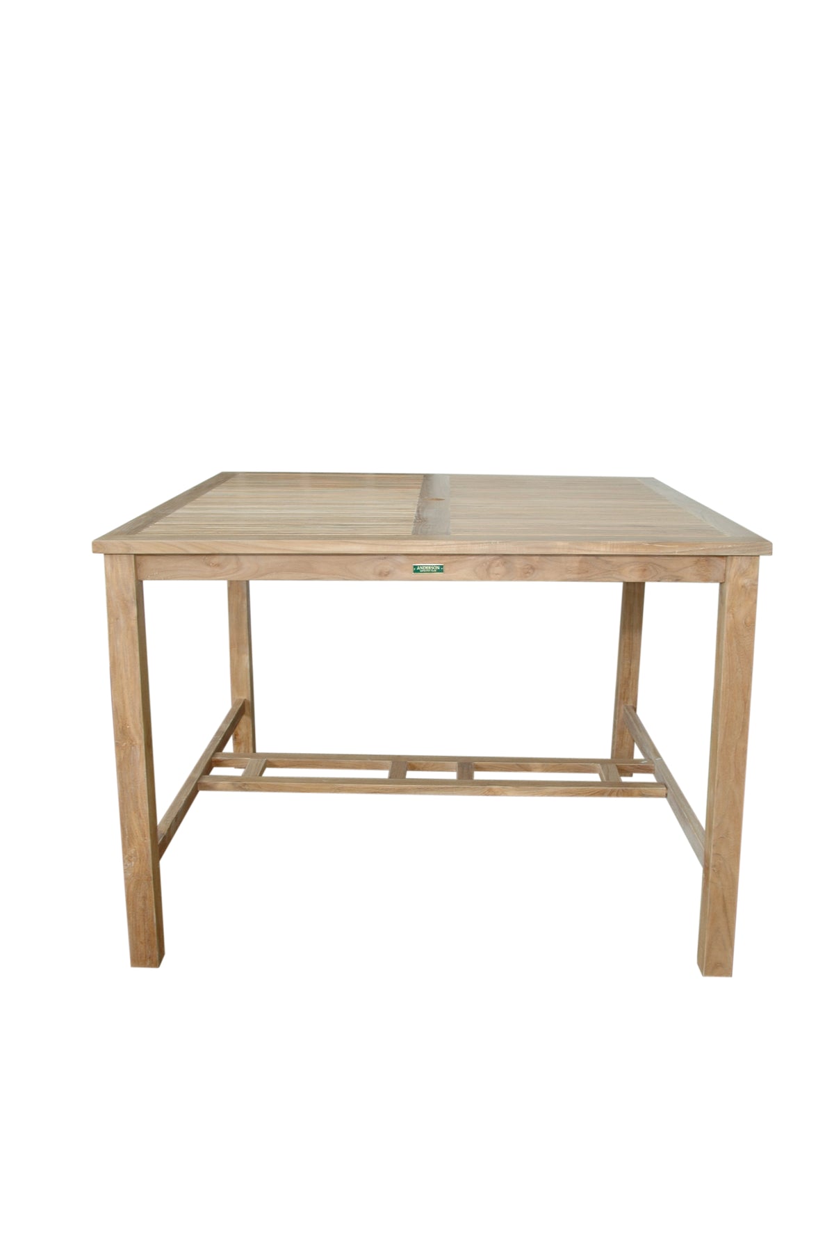 Wooden table with a visible brand logo on a white background