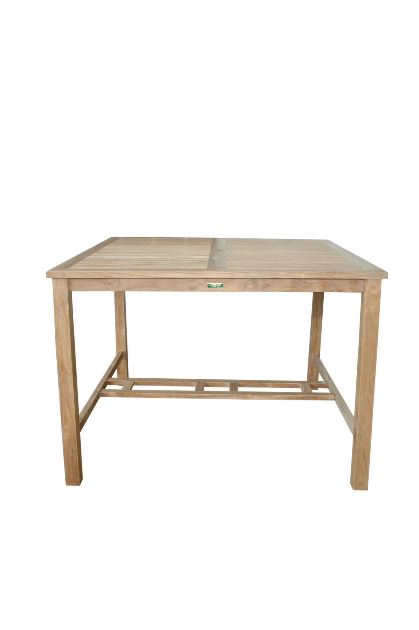 Wooden table with a visible brand logo on a white background