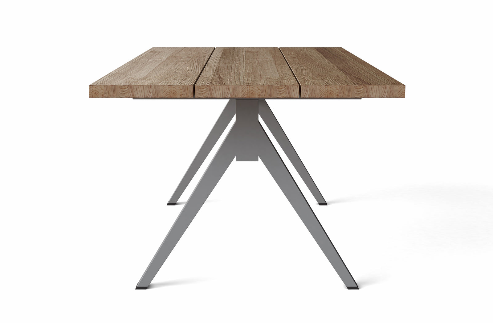 Wooden table with metal legs on a white background