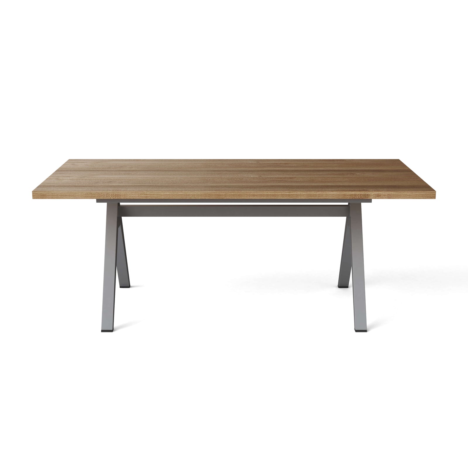 Wooden table with metal legs on a white background