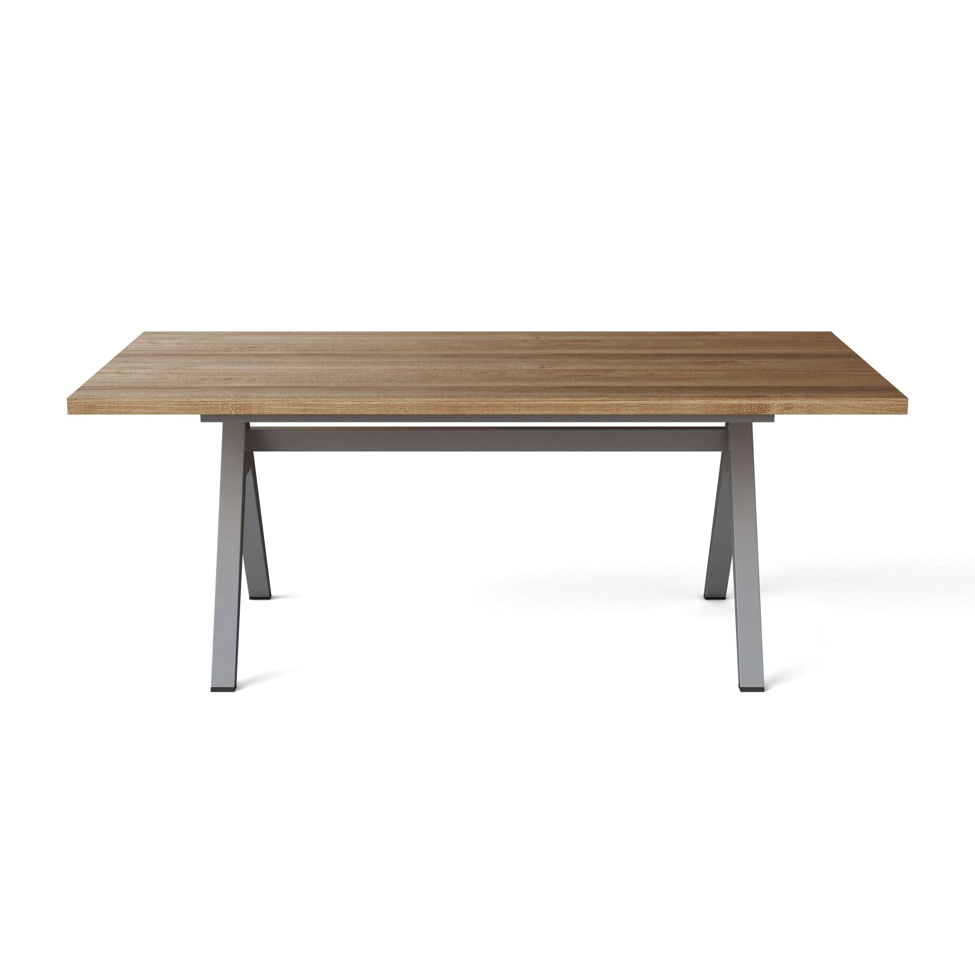 Wooden table with metal legs on a white background