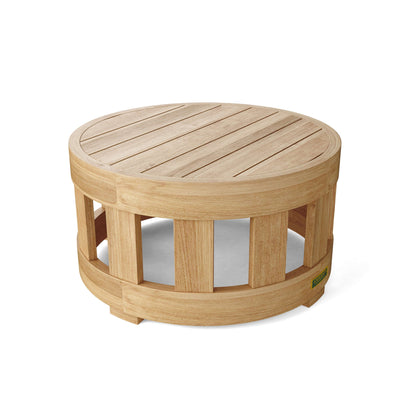 Wooden round table with slatted top on a white background