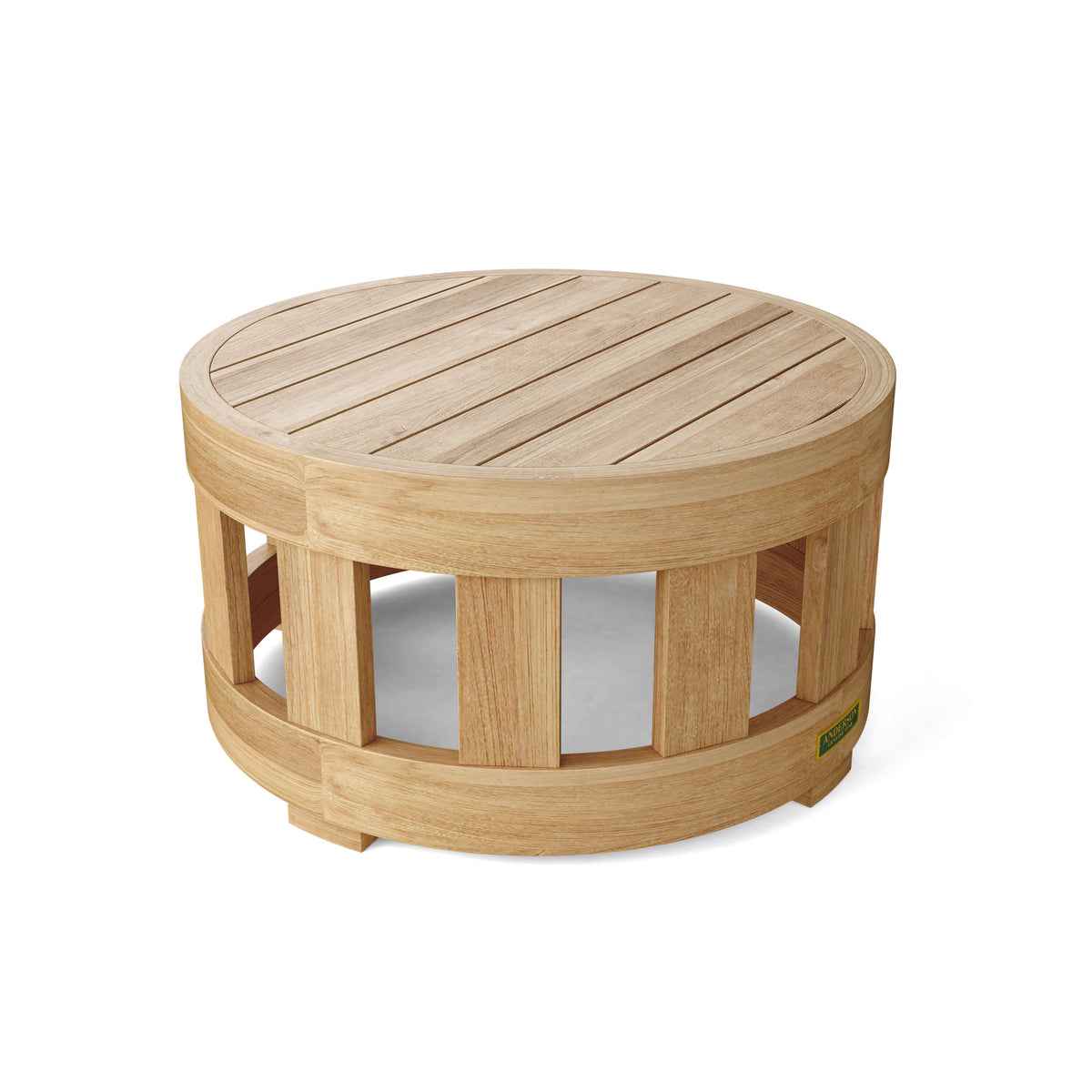 Wooden round table with slatted top on a white background
