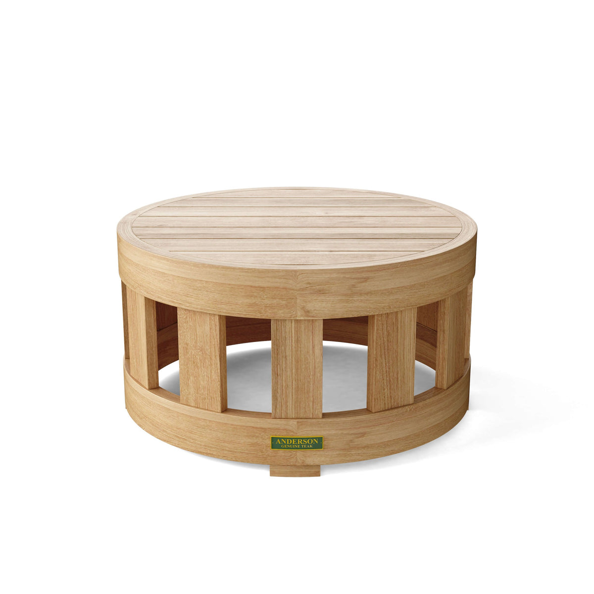 Round wooden table with a visible brand logo on a white background