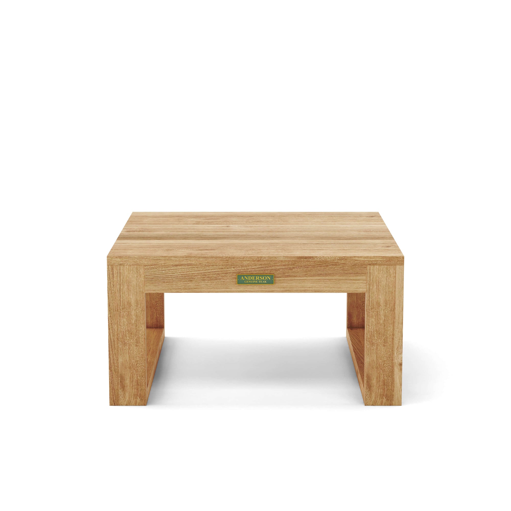 Wooden side table with a brand logo on a white background