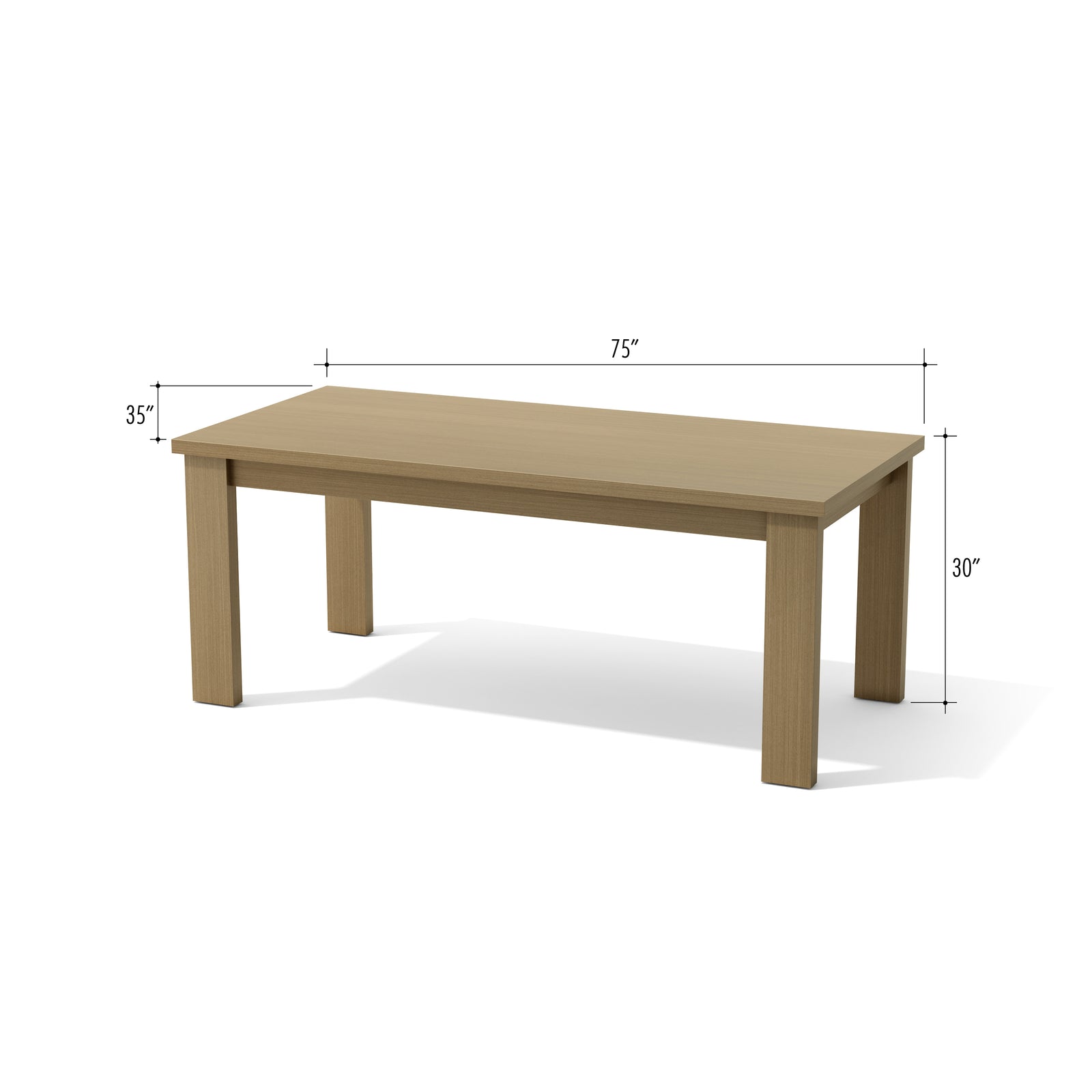 Wooden table with dimensions labeled on a white background