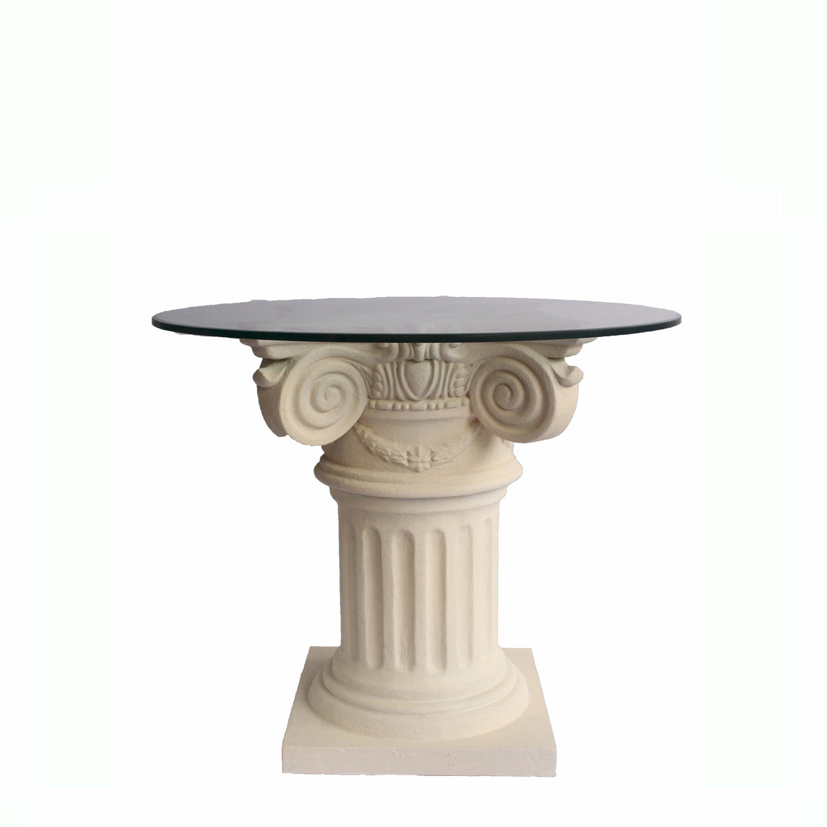 Decorative table with classical column design on a white background