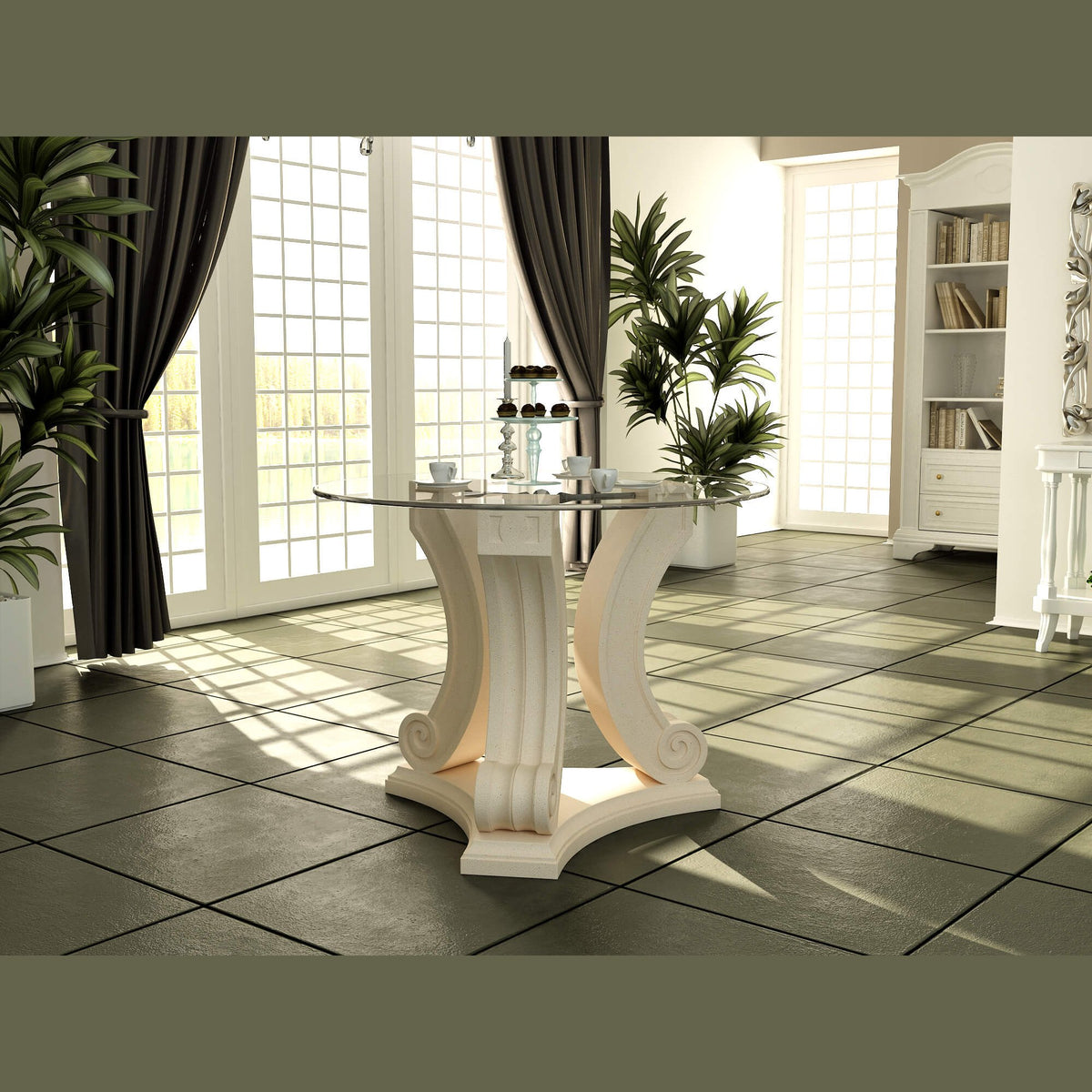Decorative table in a stylish room with large windows and plants.