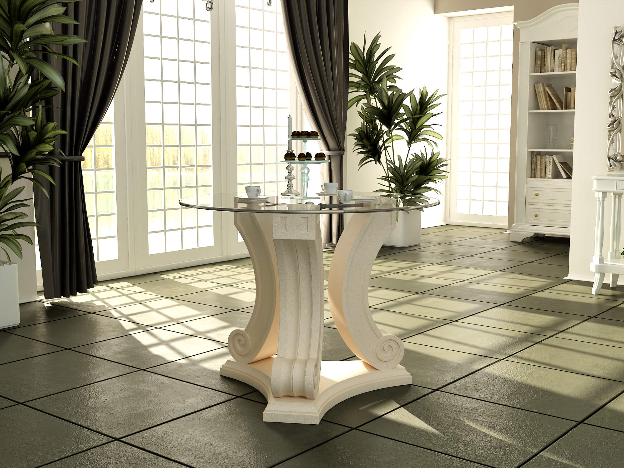 Decorative table in a stylish room with large windows and plants.