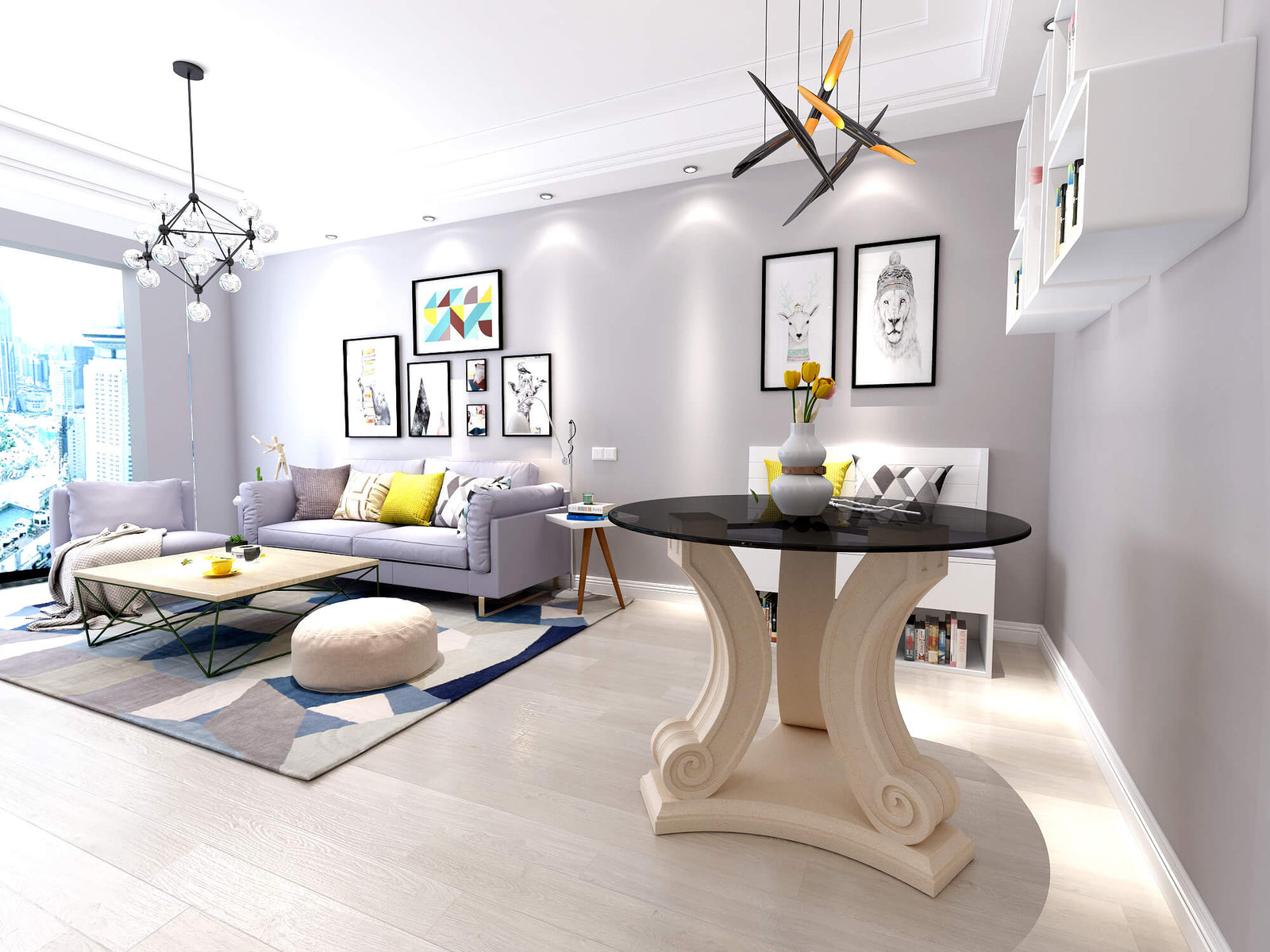 Modern living room with a round table, gray sofa, and decorative elements.