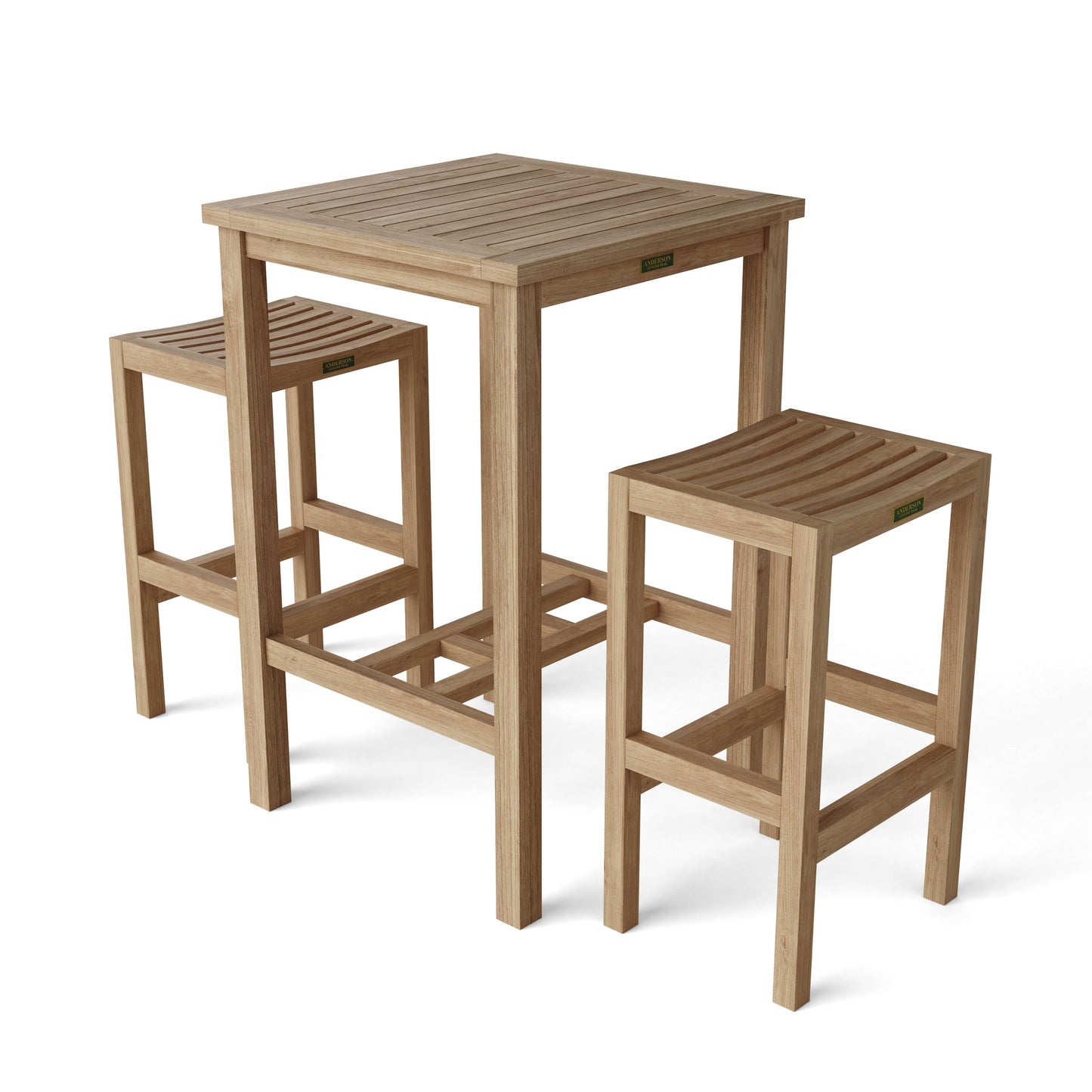 Wooden table and two stools on a white background