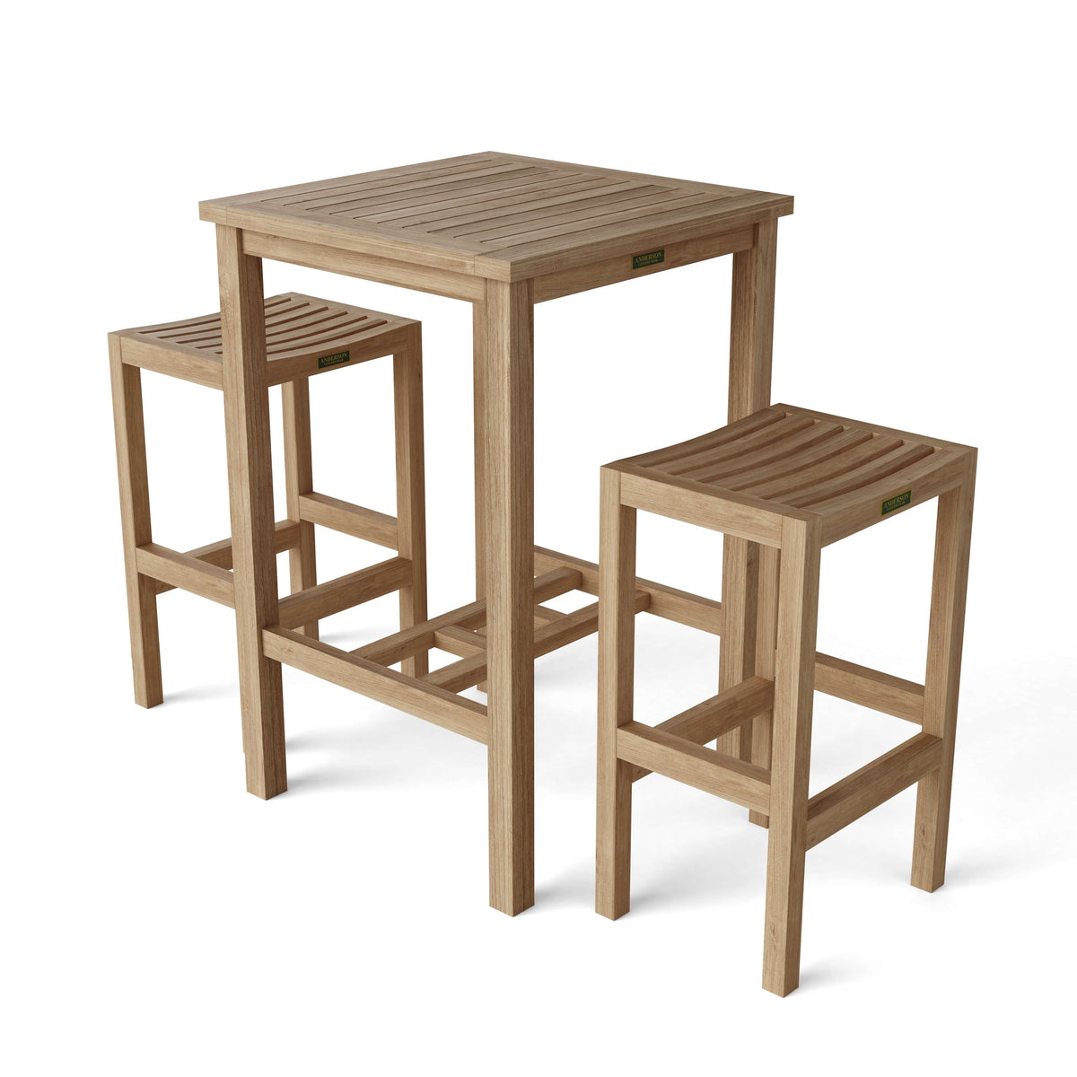 Wooden table and two stools on a white background