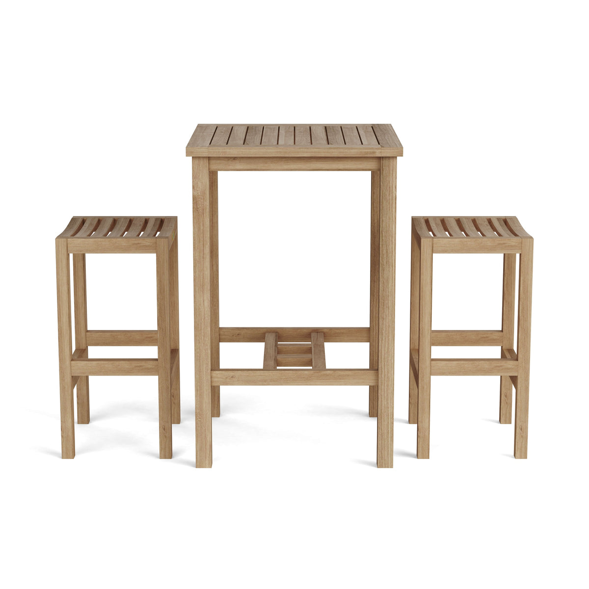 Wooden table and two stools on a white background