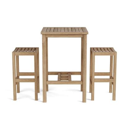 Wooden table and two stools on a white background
