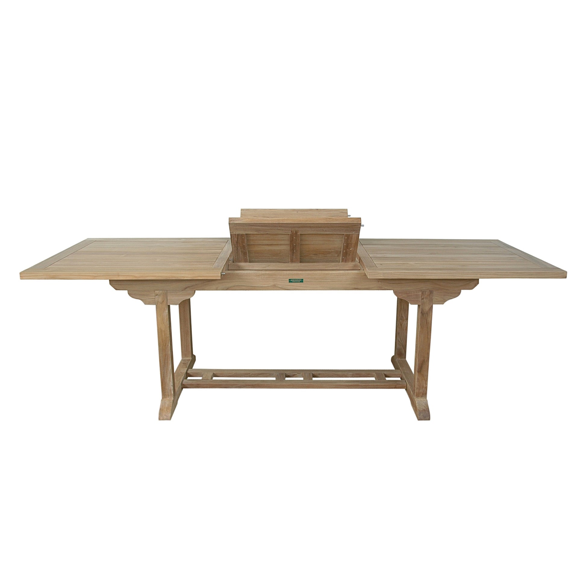 Wooden outdoor table with two additional extensions on a white background