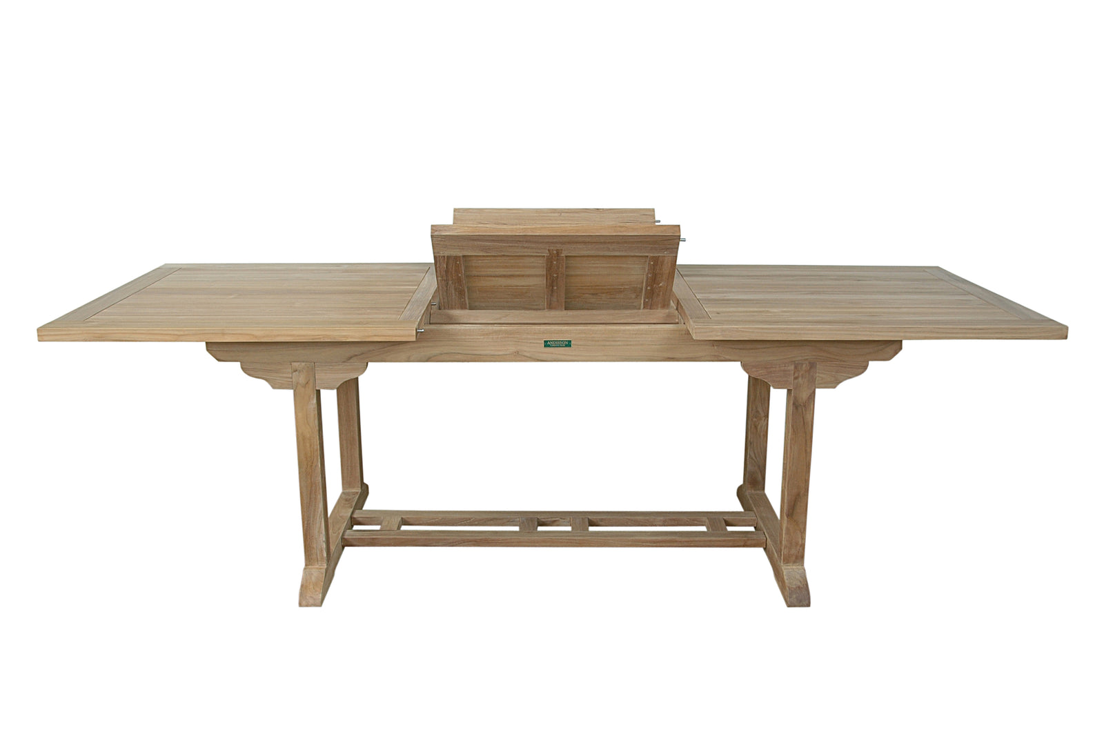 Wooden outdoor table with two additional extensions on a white background