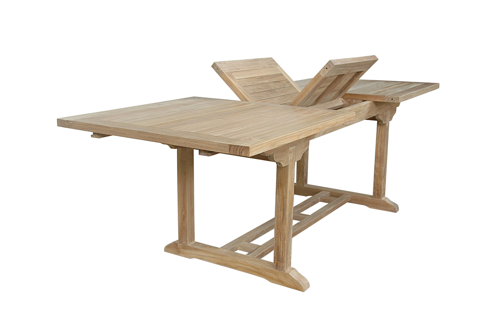 Wooden outdoor table with extendable design on a white background