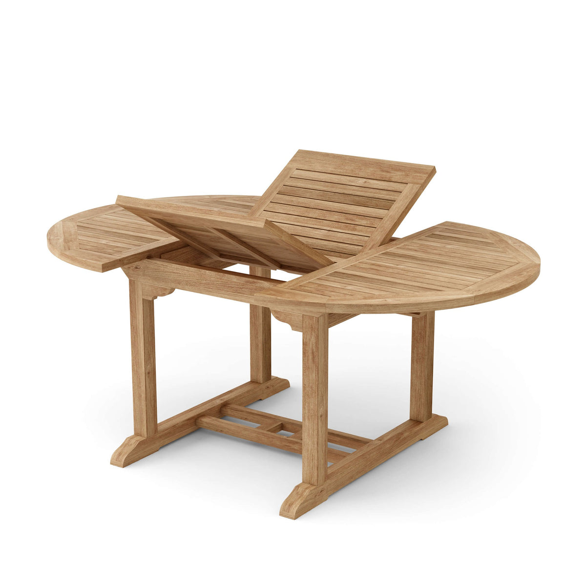 Wooden outdoor table with extendable leaves on a white background