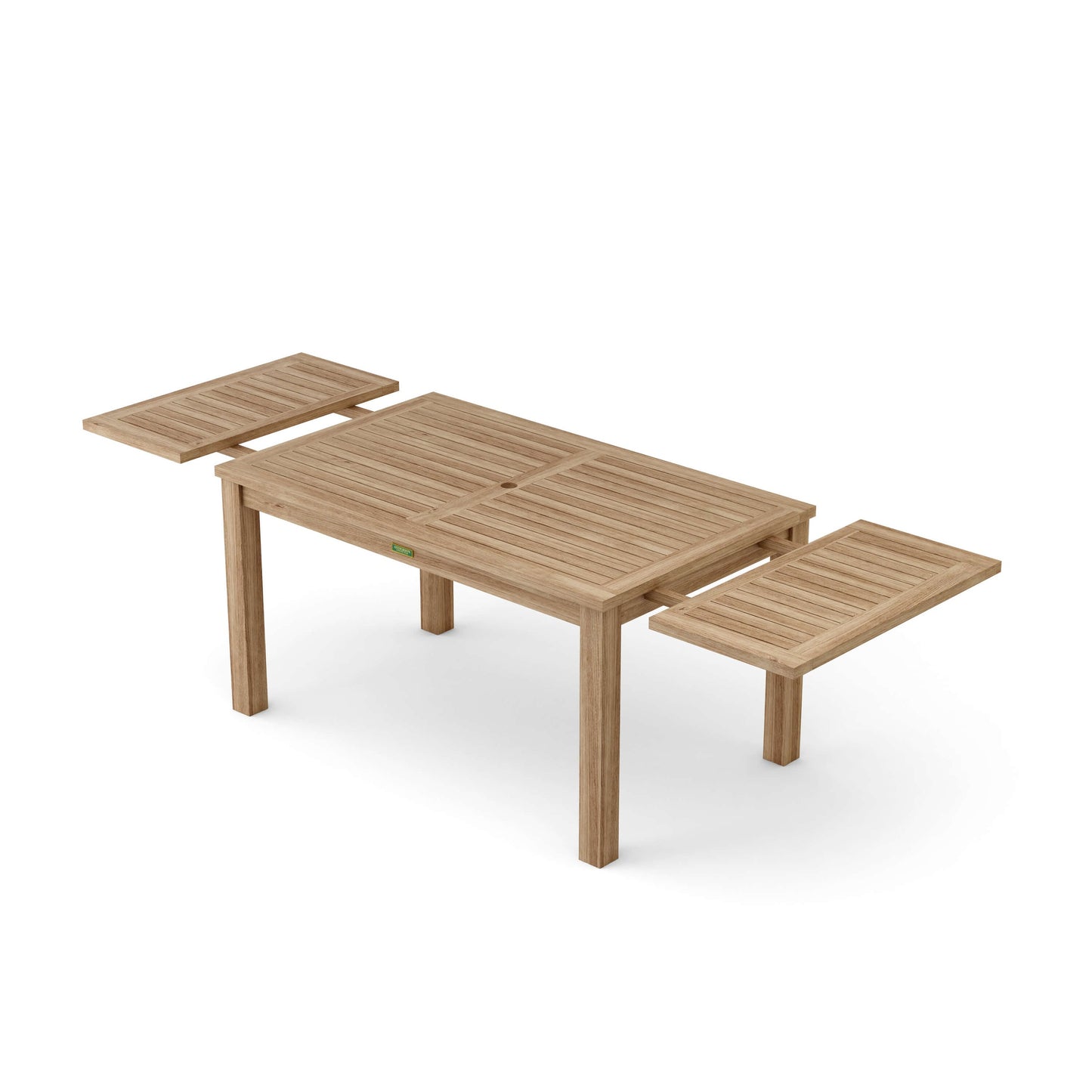 Wooden outdoor table with two matching benches on a white background