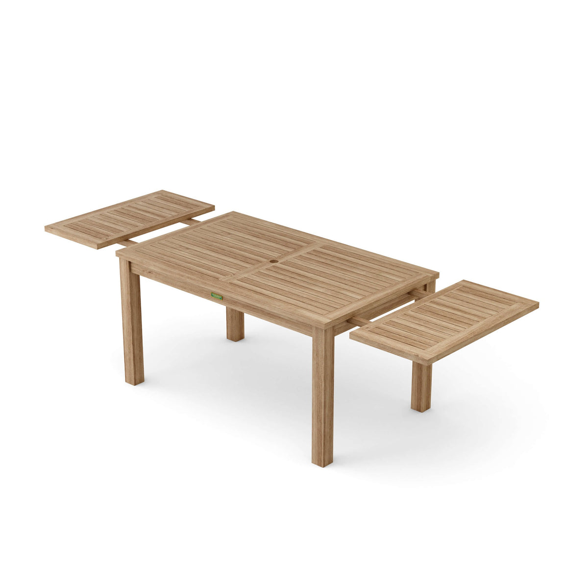 Wooden outdoor table with two matching benches on a white background