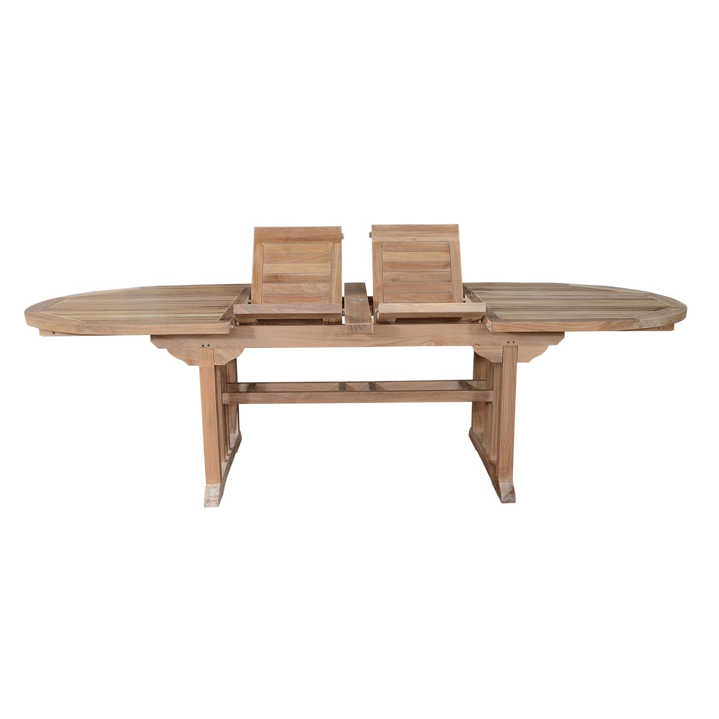 Wooden outdoor table with two chairs on a white background