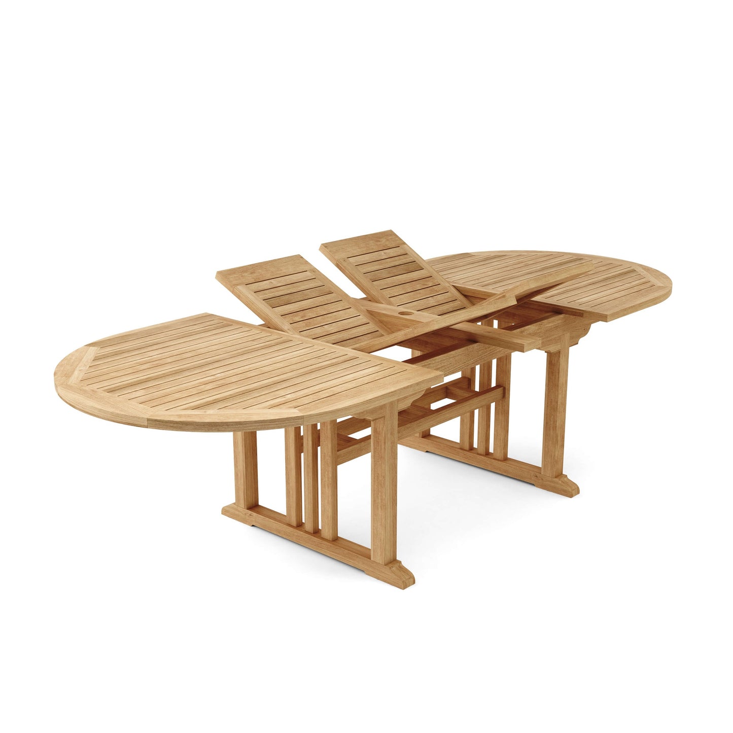 Wooden outdoor table with extendable leaves on a white background