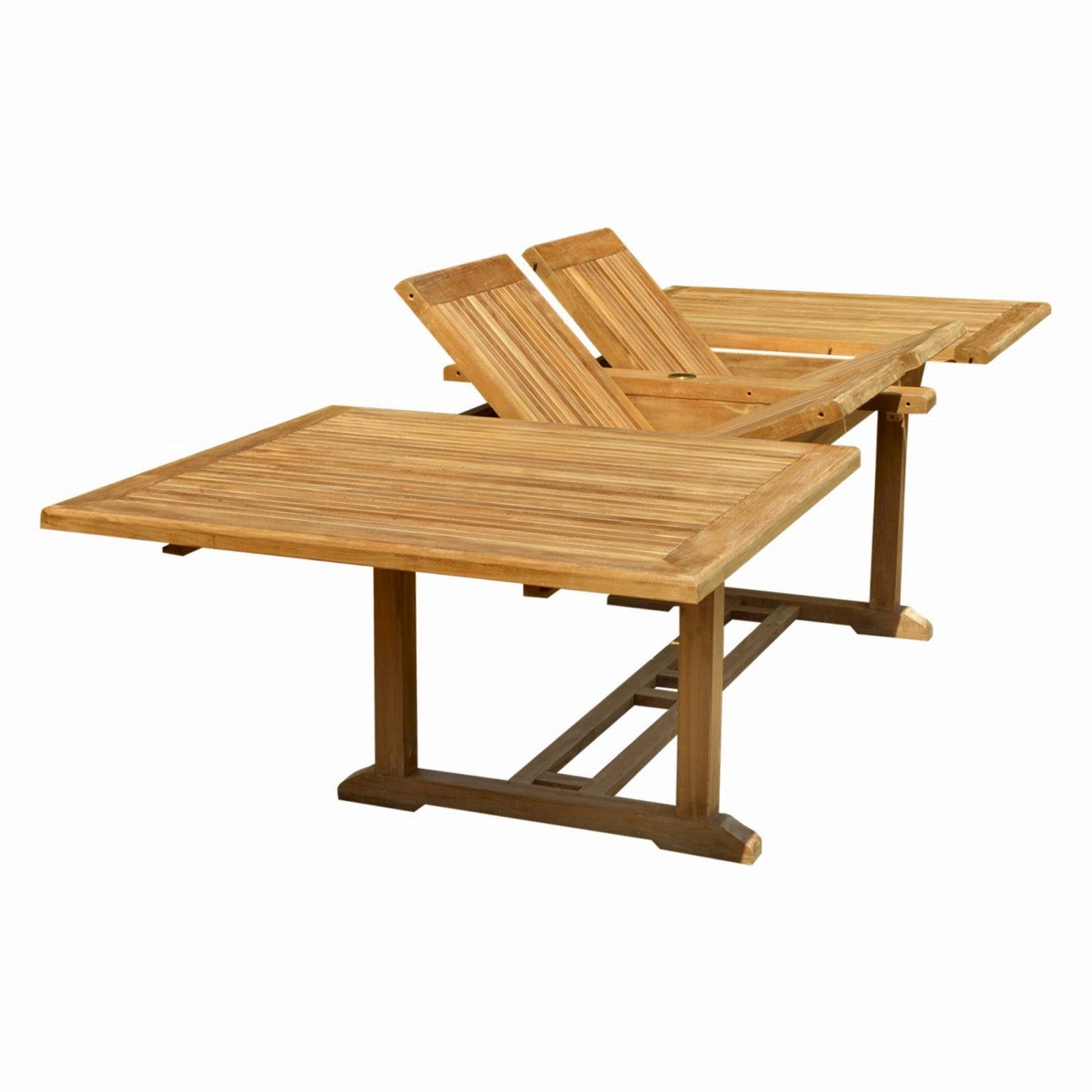 Wooden outdoor table with two matching chairs on a white background