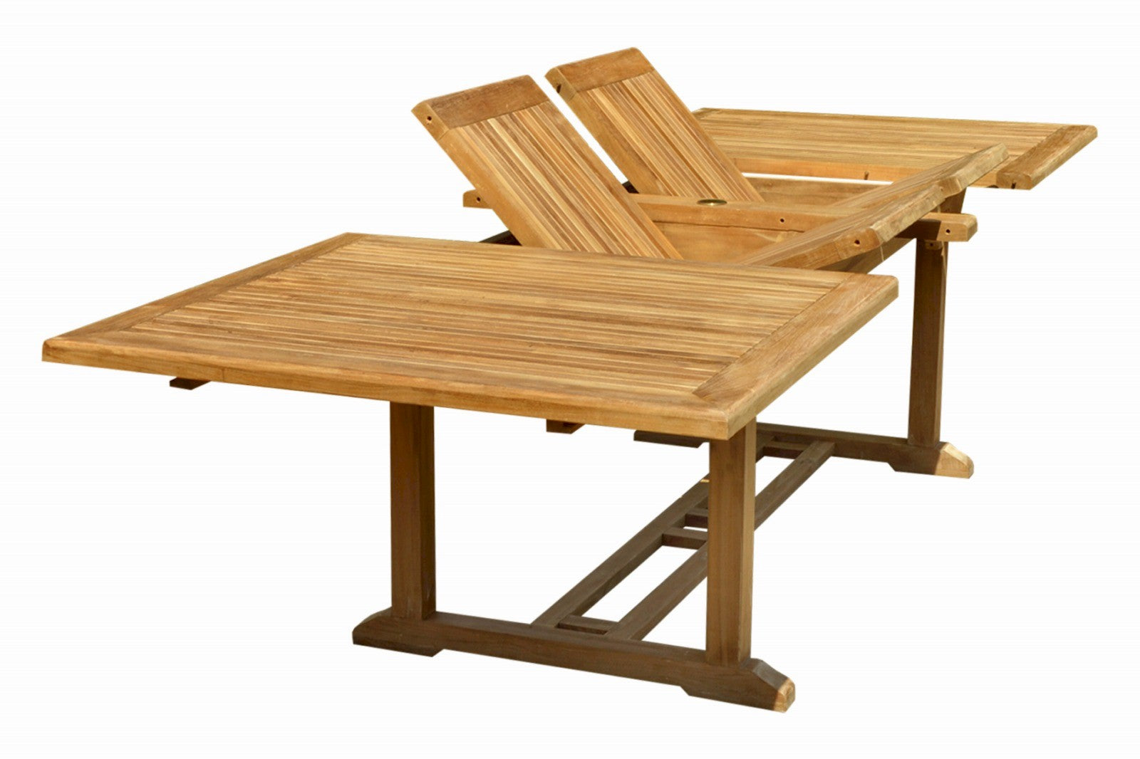 Wooden outdoor table with two matching chairs on a white background