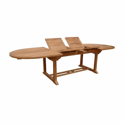 Wooden outdoor table with two extendable leafs on a white background