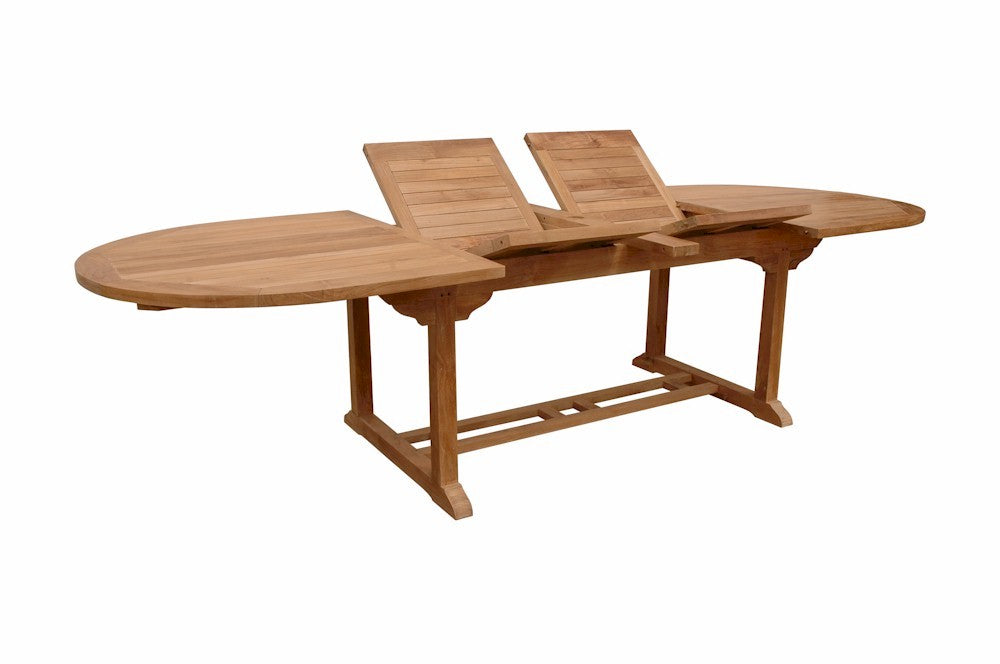 Wooden outdoor table with two extendable leafs on a white background