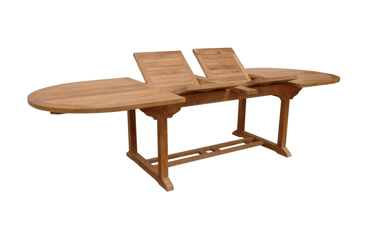 Wooden outdoor table with two extendable leafs on a white background