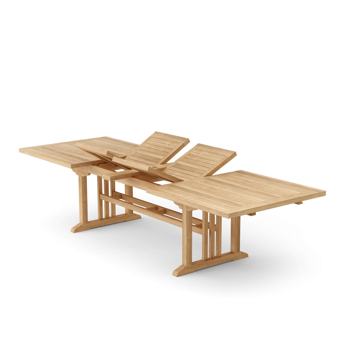Wooden dining table with extendable leaves on a white background