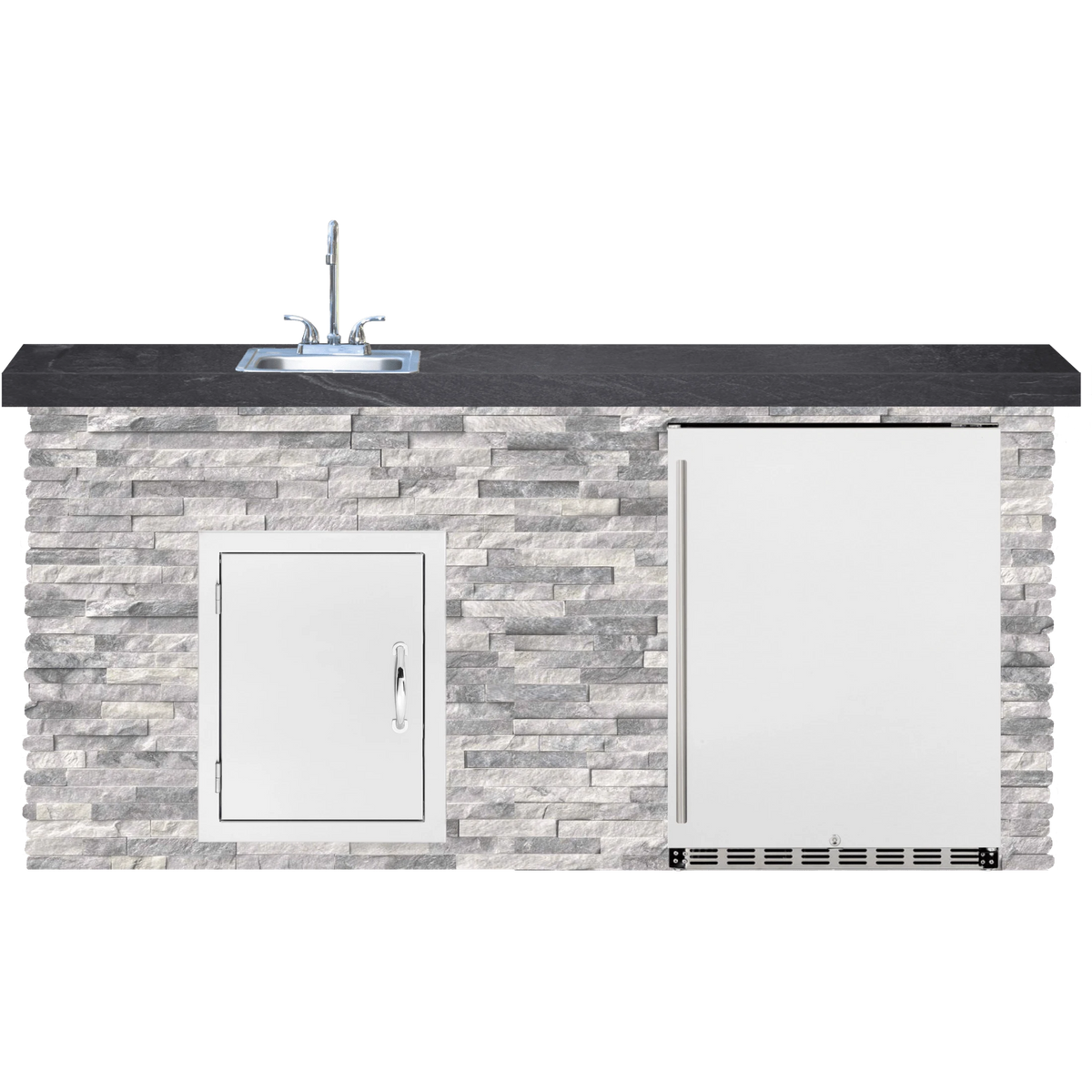 BetterPatio Mountain Series TrueFlame 6 Ft Bar Island Fridge Sink - Alaskan Gray Black countertop