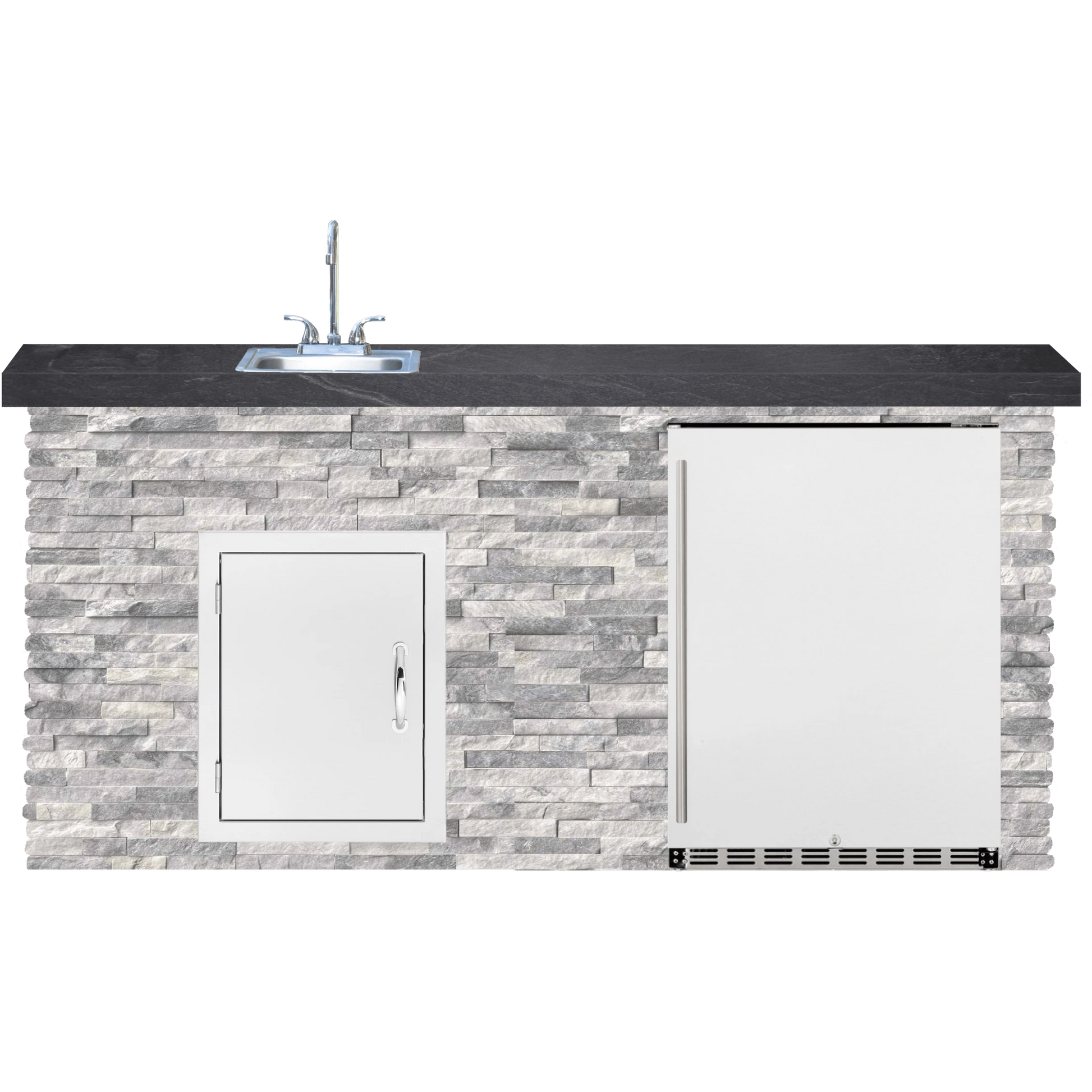 BetterPatio Mountain Series TrueFlame 6 Ft Bar Island Fridge Sink - Alaskan Gray Black countertop