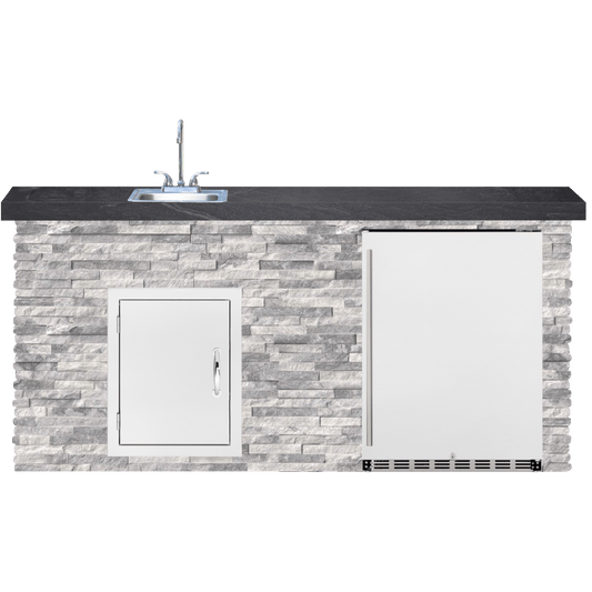 BetterPatio Mountain Series TrueFlame 6 Ft Bar Island Fridge Sink - Alaskan Gray Black countertop