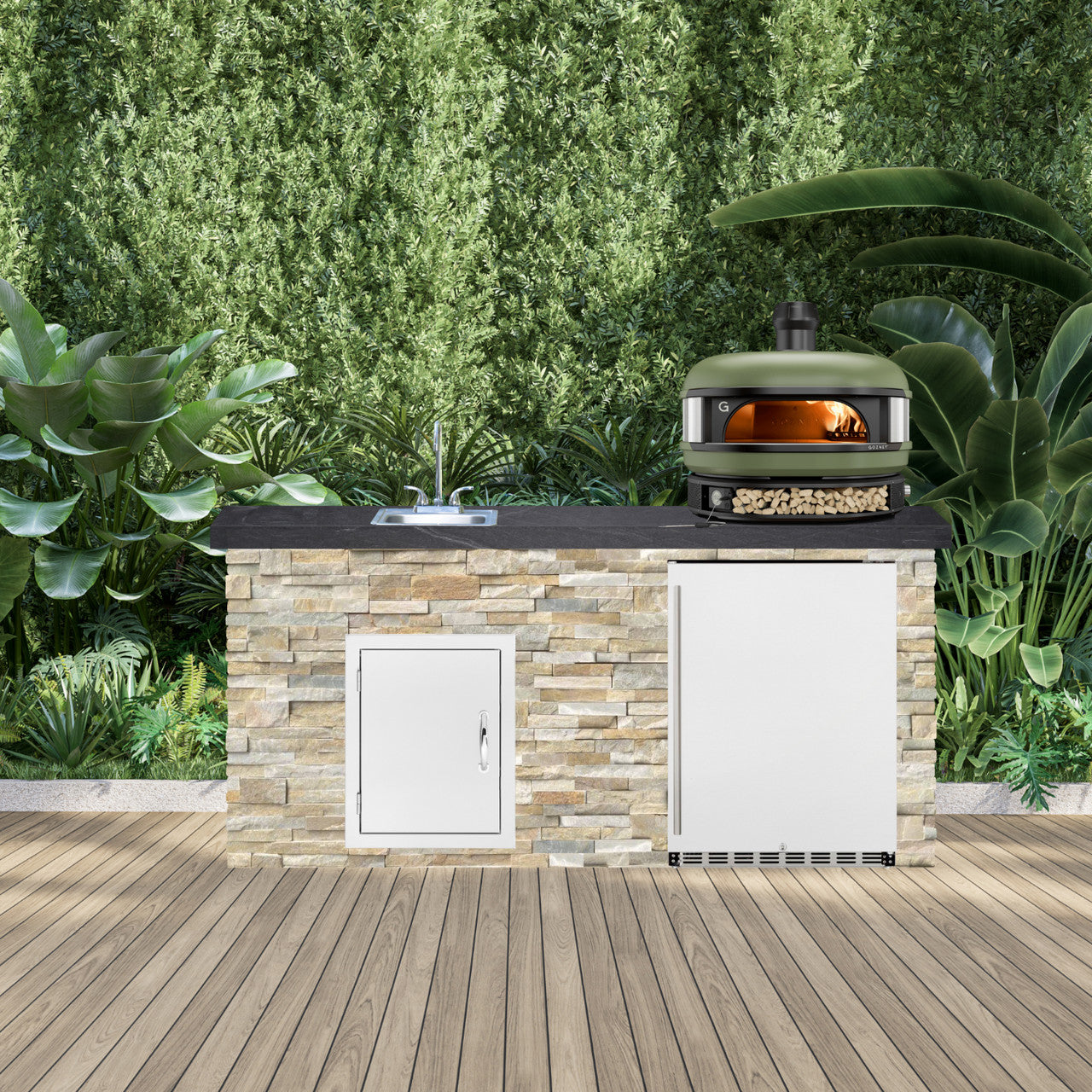 TrueFlame 6 Foot Luxury Outdoor Bar Island with Refrigerator, Sink, Polished Black Granite Countertops