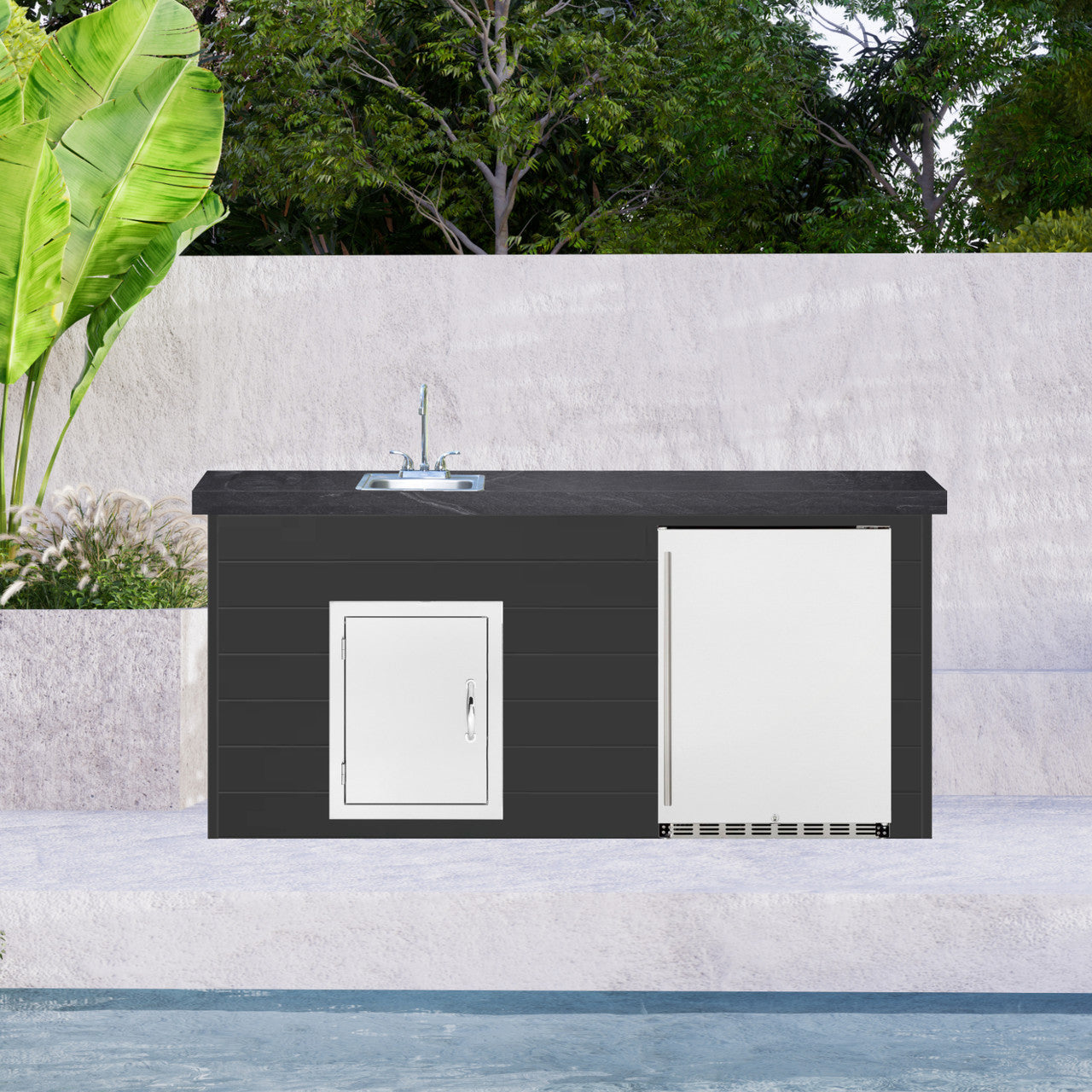 BetterPatio Mountain Series TrueFlame 6 Ft Bar Island Fridge Sink - Ironstone Black full view