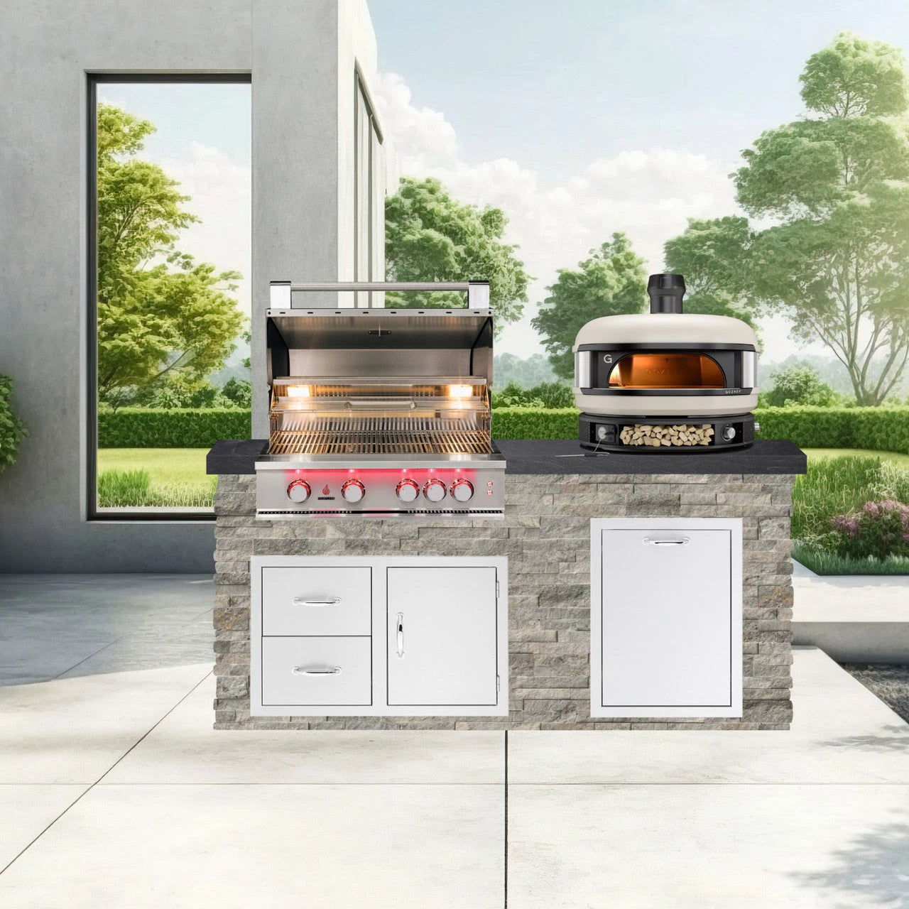 BetterPatio Mountain Series TrueFlame 6 Ft Grill Island Black Granite - Travertine Black with Gozney