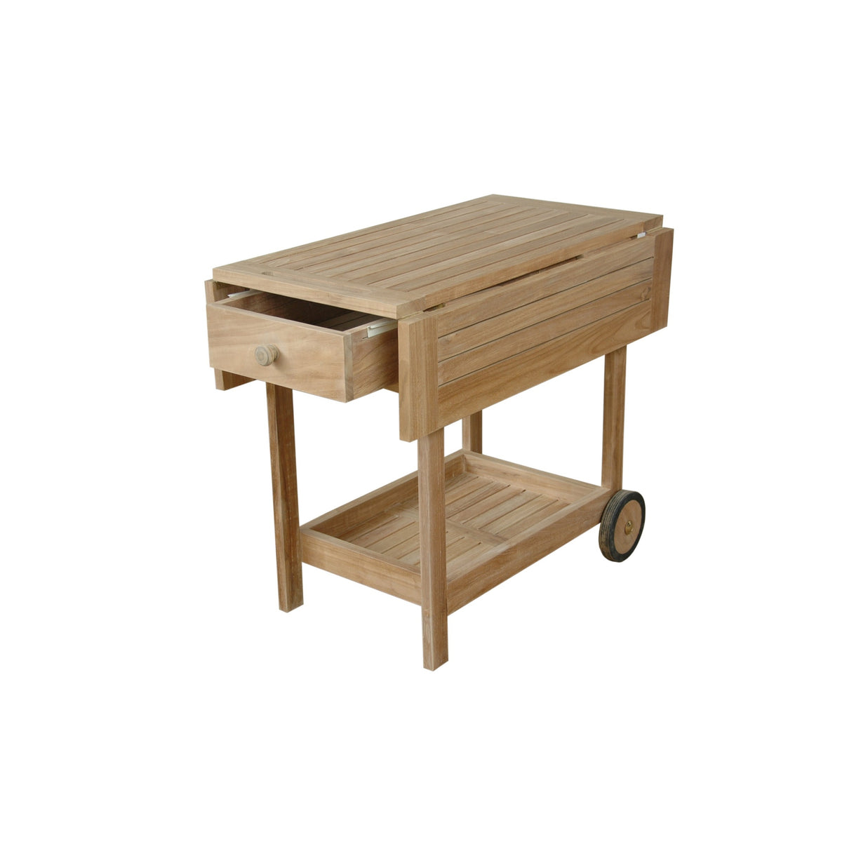 Wooden outdoor cart with a drawer on a white background