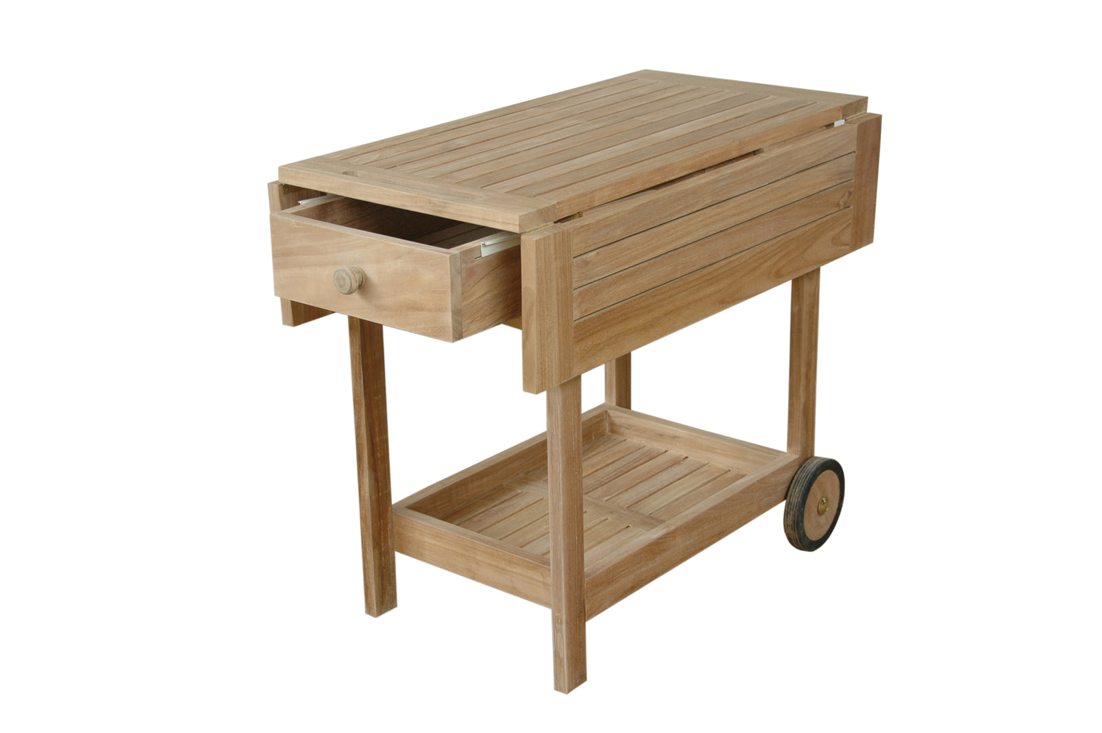 Wooden outdoor cart with a drawer on a white background