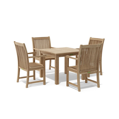 Wooden outdoor dining set with table and four chairs on a white background