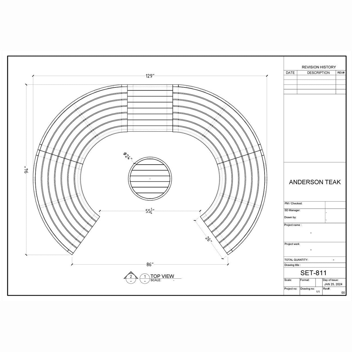 Technical drawing of a circular design with measurements and labels, likely for Anderson Teak product.