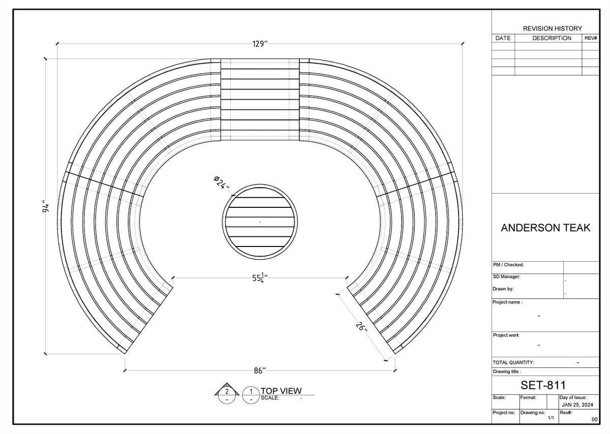 Technical drawing of a circular design with measurements and labels, likely for Anderson Teak product.