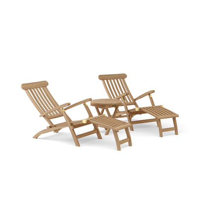 Two wooden lounge chairs with ottomans on a white background
